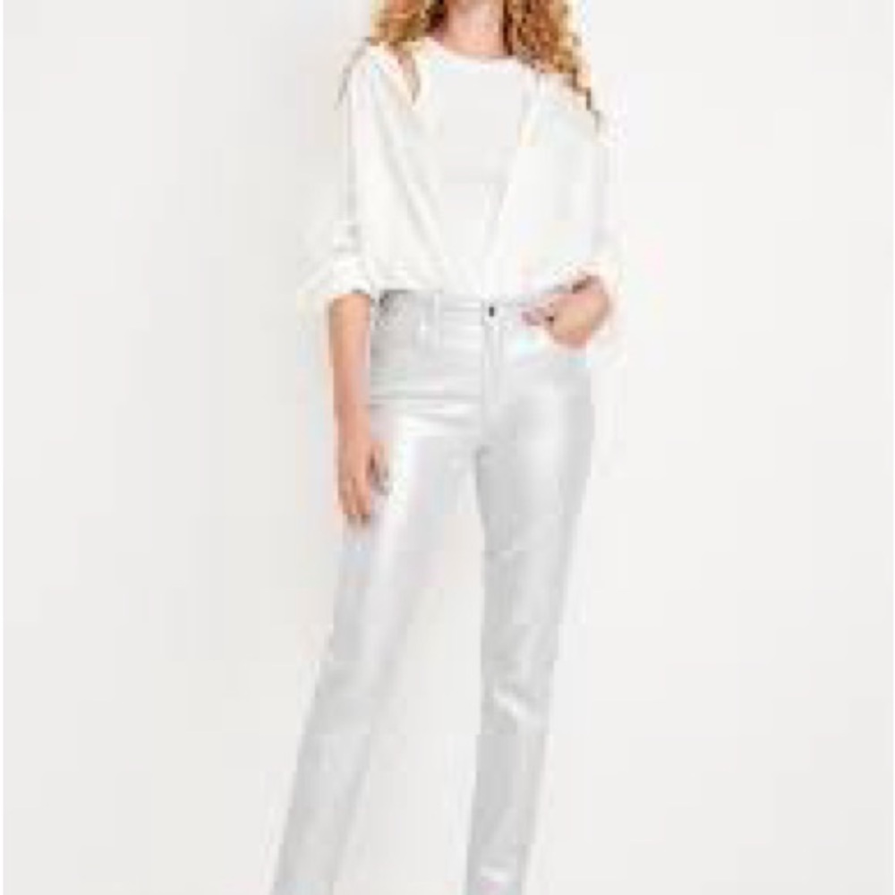 Old Navy Silver Pants size 8 High-Waisted Silver Shine Vintage Slim Jeans